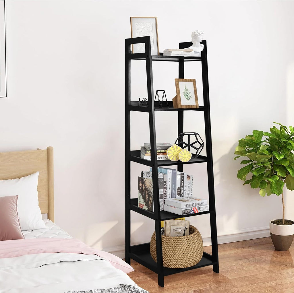 Acehome 5 Tier Ladder Shelf, Large Capacity Bookshelf with Steel Frame and Wooden Surface, for Living Room, Bedroom, Kitchen, Black