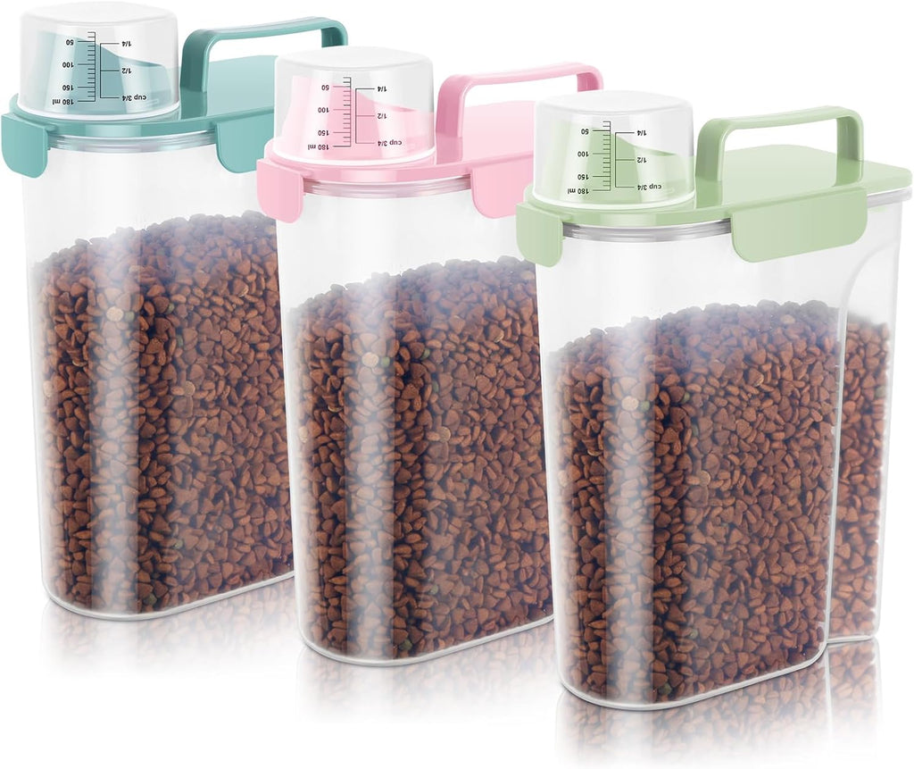 10-20Lbs Portable Cat Dog Food Storage Container with Upgraded Large Spout and Cup Dispenser for Small Large Animal Kibble, Pet Bird Snack, Oatmeal, Rice, Flour, Brown Sugart-3 Pack Pink Blue Green