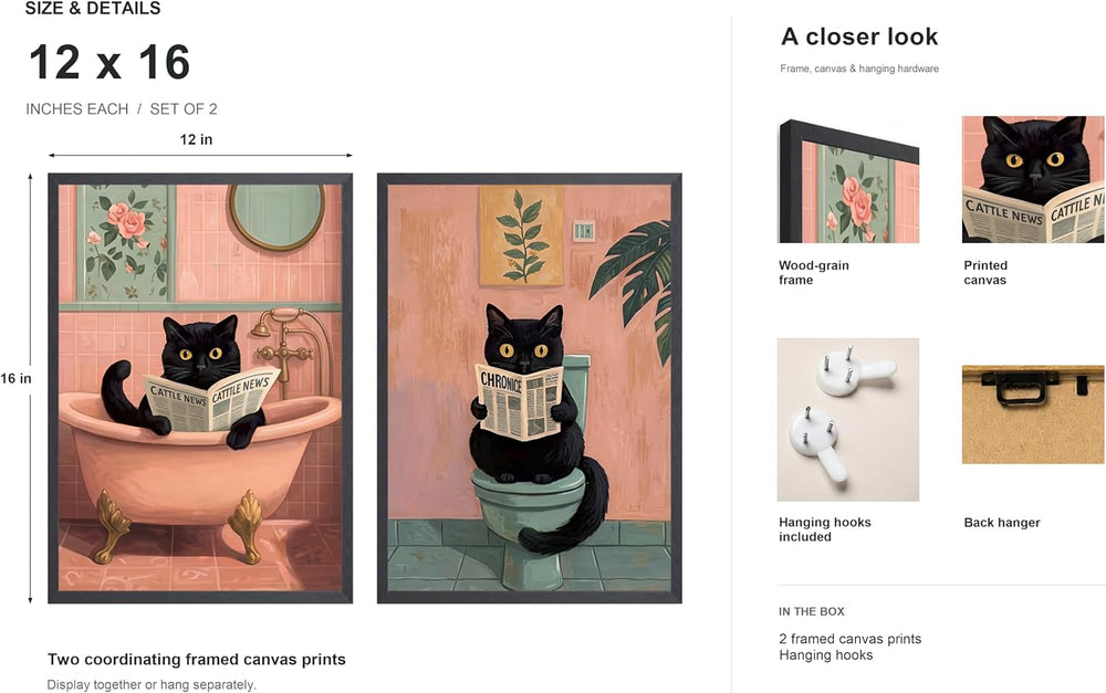 Funny Black Cat Bathroom Wall Art, Framed Set of 2, 12x16 in