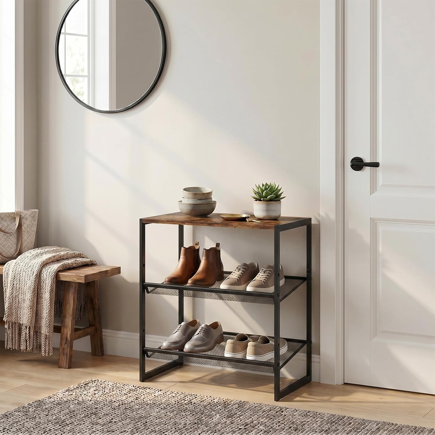 Shoe Rack for Entryway，3 Tier Shoe Storage Organizer，Sturdy Shoe Shelf,Boot Rack with a Fine Mesh Shelves，for Living Room, Hallway，Small Space,11.8 x 16.5 x 19.7 Inches,Brown