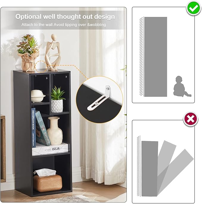 VECELO 3-Tier Small Bookcase, 4 Cube Bookshelf, Fits Tallest Hardwares, Moder...
