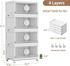 BROVIEW 480Qt Lockable Stackable Storage Bins with Lids, Closet Organizers and Storage Drawer, Collapsible Storage Bin with Wheels, Plastic Cabinet for Toy Clothes Dorm Organizer, V9 4 Pack White