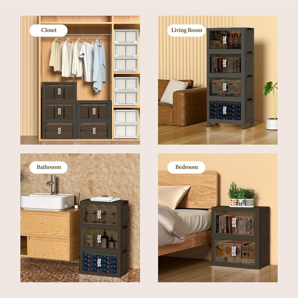 Stackable Storage Bins, Plastic Closet Organizer Folding Container with Lid & Wheel, Collapsible Storage Cabinet with Door, Foldable Storage Boxes for Home, Pantry, Office (L, Gray 3-Tier)