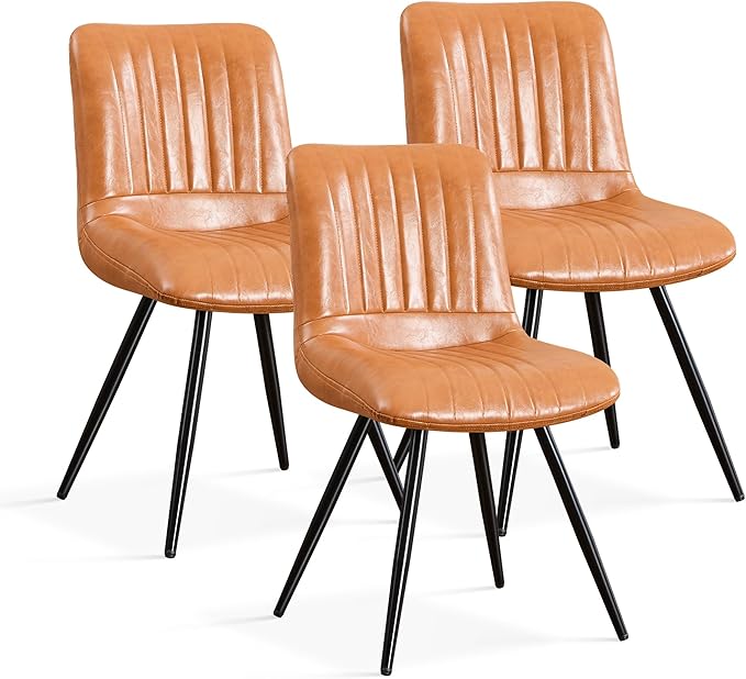 Dining Chairs Set of 3, Modern Dining Chairs with Thick Cushions, PU Leather Upholstered Kitchen Dining Room Chairs with Metal Legs for Dining Living Room (Caramel)