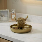 Golden Highland Cow Ring Stand with Circular Dish - Cute Cow Jewelry Organizer Holder, Unique Home Office Desk Decor for Women, Resin Ring Plate Tray Gift (5.9x5.9x3.94 Inches)