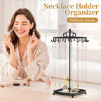 MODOWEY Rotating Metal Necklace Holder Organizer Stand with Acrylic Tray, 18 Hooks Small Jewelry Display Tree for Pendant Bracelet Storage, Compact Chain Hanger Rack for Women Men Space Saving, Black