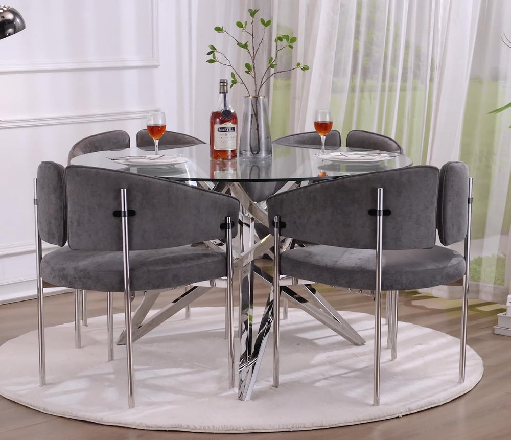 Glass Round Dining Table, 47.2" Modern Round Table with Silver Mirrored ...