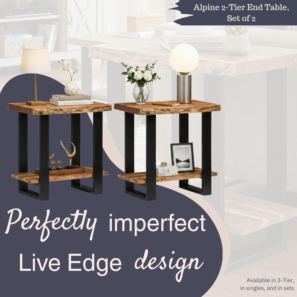 Alaterre Furniture Alpine Live Edge Modern End Table Set of 2-2-Tier Narrow S...