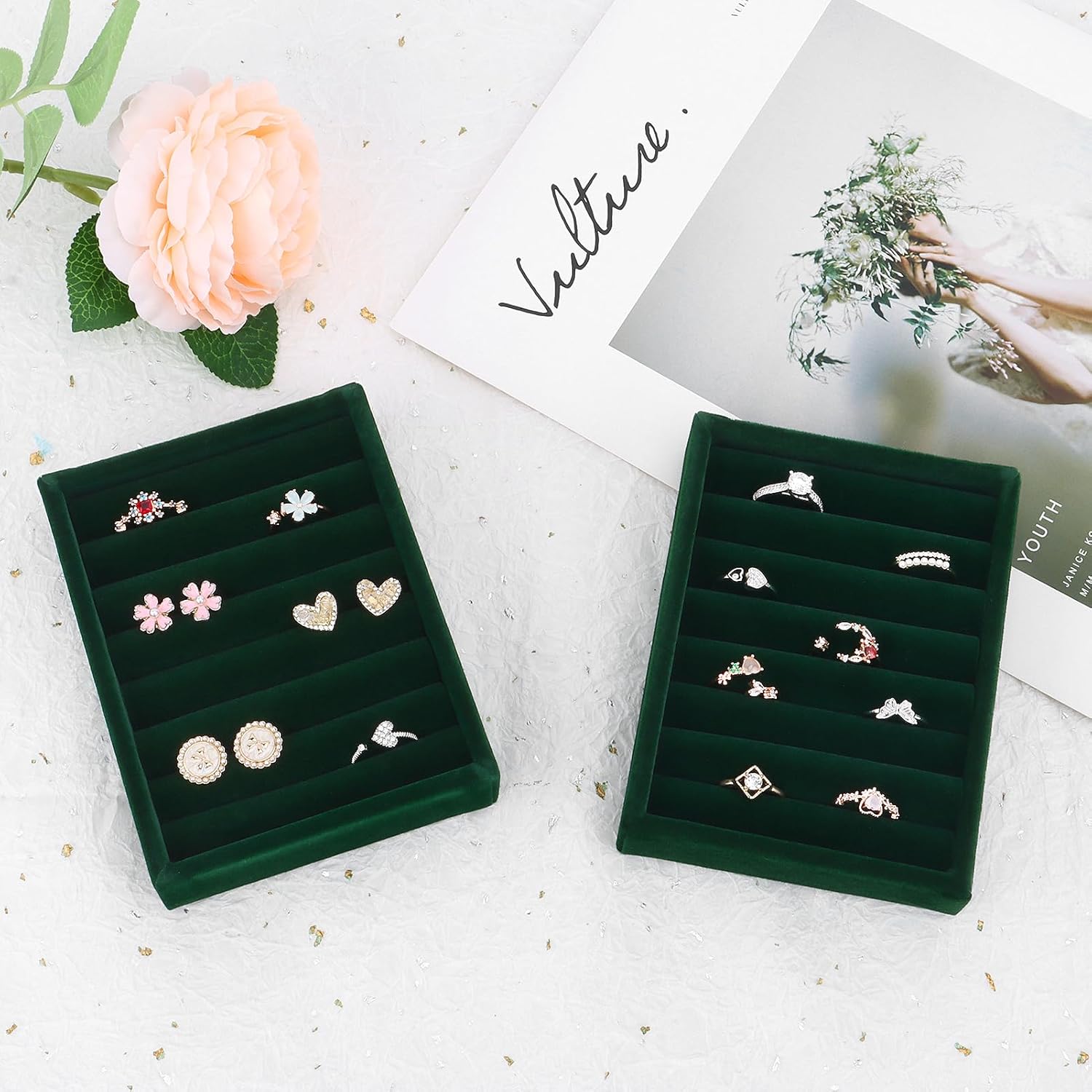 DesignSter Small Jewelry Tray-Ring Organizer 2PCS Premium Velvet Rings Earrings Display Tray Storage Insert Holder for Jewelry Box, Drawer, Dresser (8 Slots, Green)
