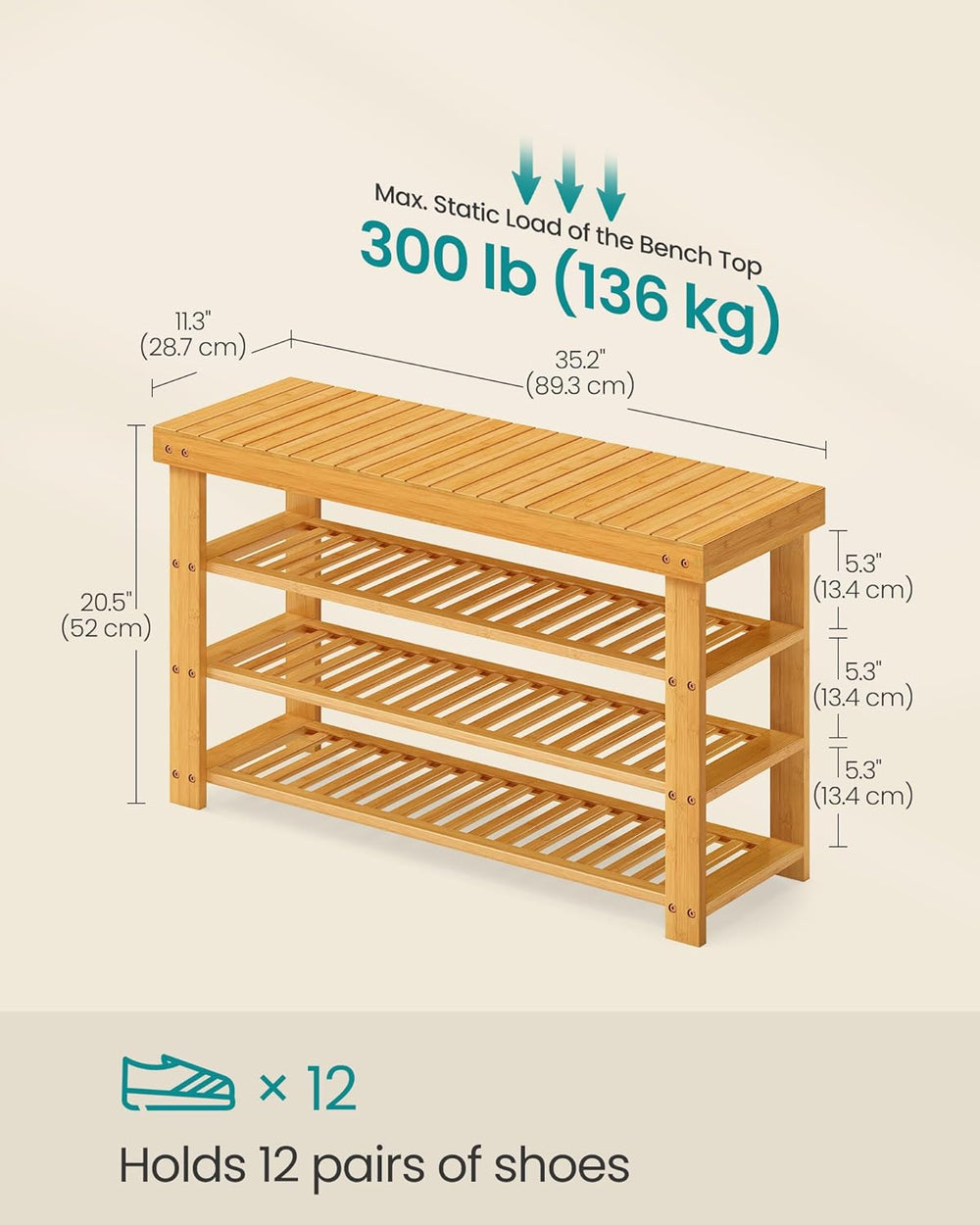 SONGMICS Shoe Rack Bench, 4 Tier Bamboo Shoe Storage Organizer, Entryway Benc...