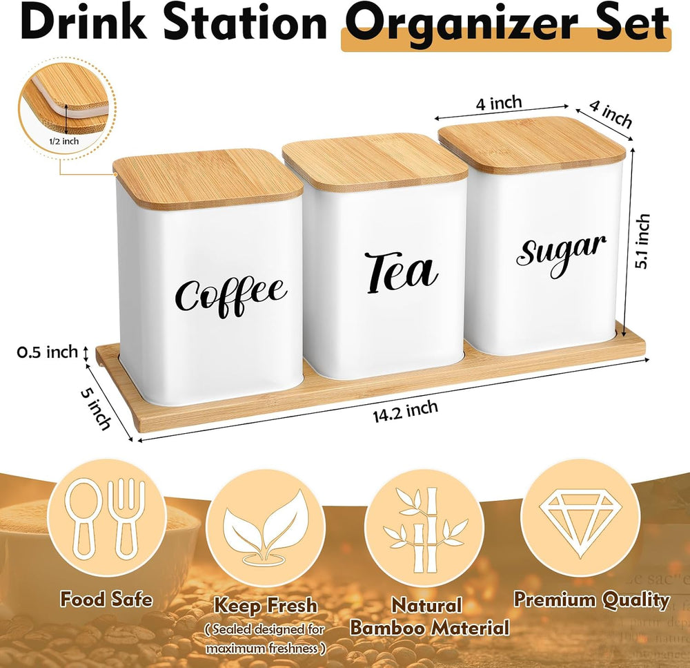 Tioncy Coffee Tea Sugar Container with Tray Set of 3 Airtight Metal Canister ...