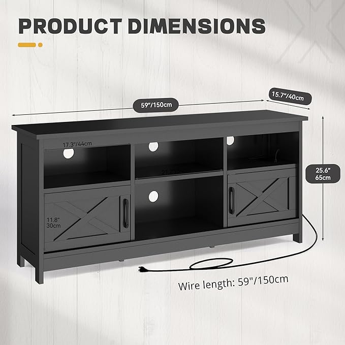 YITAHOME TV Stand for 65 Inch TVs, Entertainment Center with Storage Cabinets, Power Outlet & LED Light, Media TV Console with Barn Doors for Living Room, Black