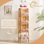 Welnow Bamboo Rattan Bookcase with Cabinet, 3-Tier Storage Shelf with Side Table & End Table Function, Large Modern Wood Organizer for Living Room or Bedroom, Walnut Bookshelf