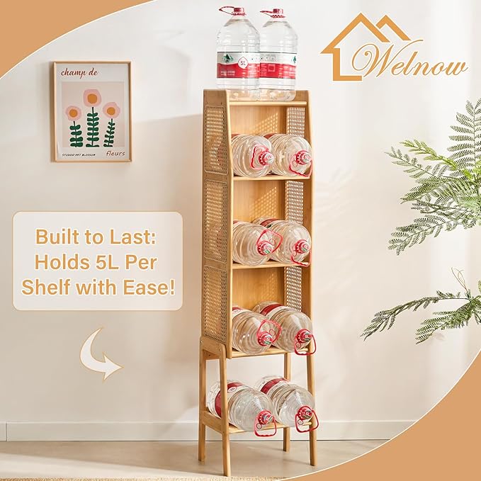 Welnow Bamboo Rattan Bookcase with Cabinet, 1-Tier Storage Shelf with Side Ta...