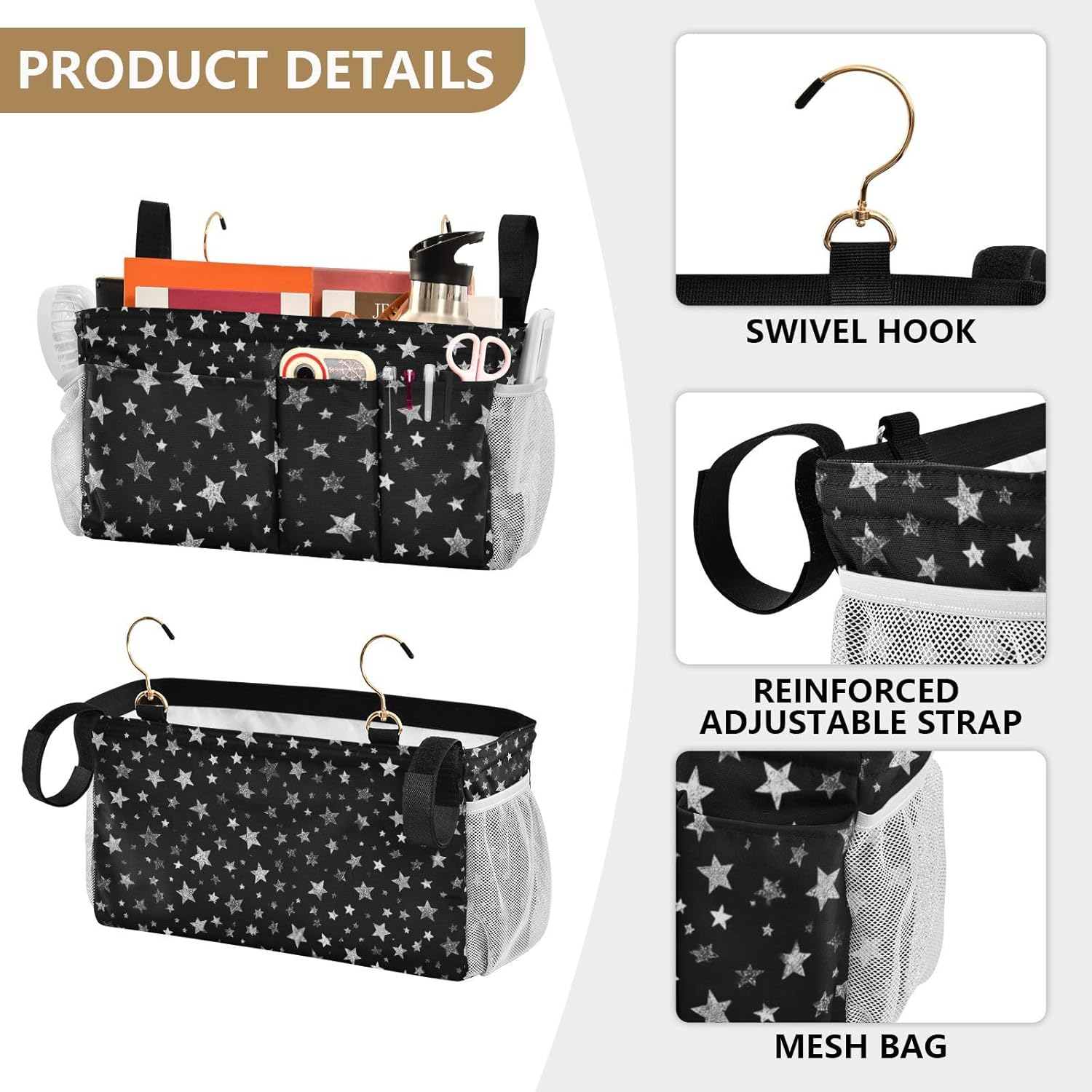 Sparkly Silver Stars Bedside Caddy for Dorm Bed Bedside Hanging Caddy Bag Iron Frame Storage Organizer Pocket for Bunk Home College Hospital Beds 2 Hooks