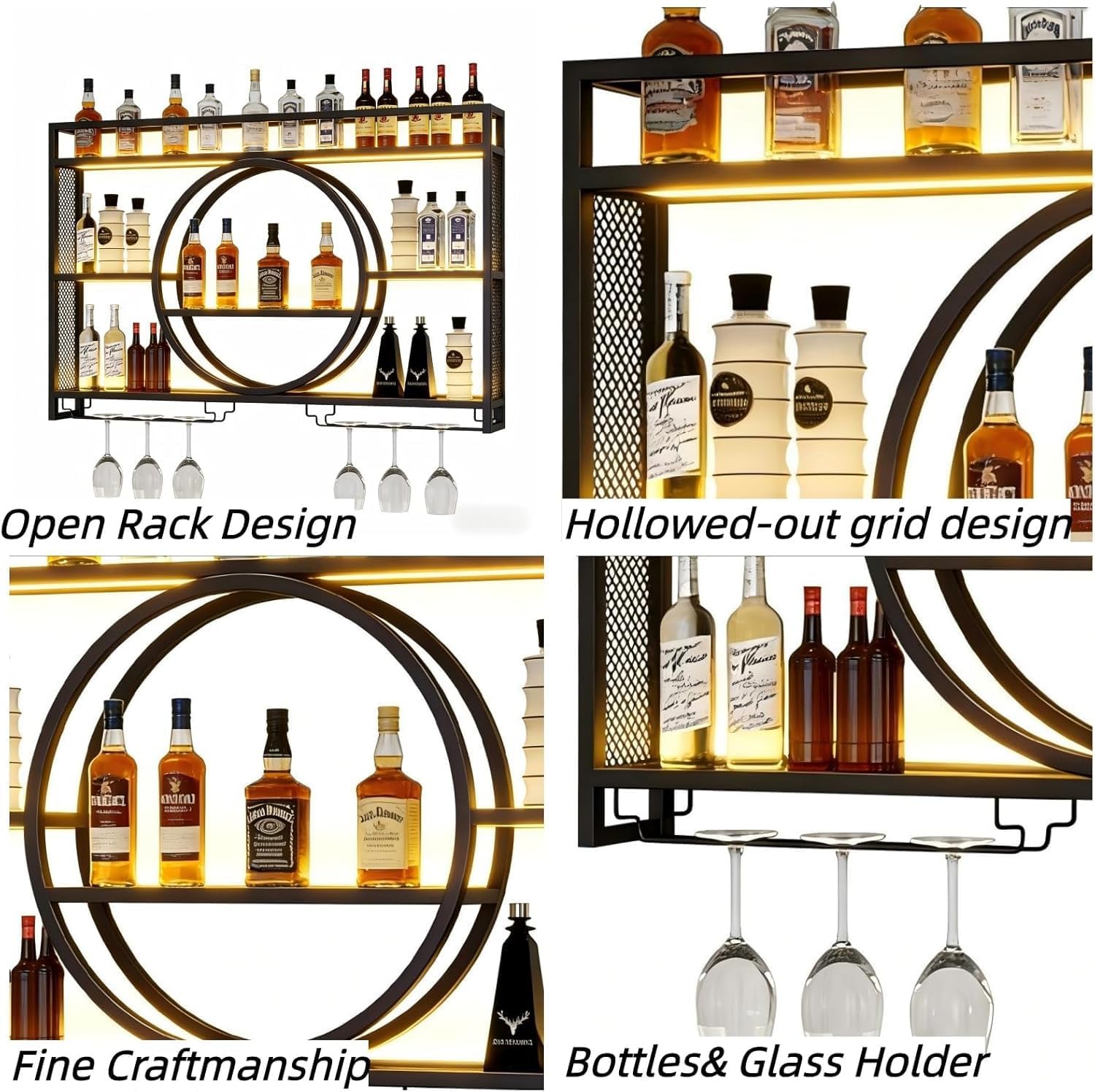 47.2” Wall Mounted Wine Rack with LED Light and Glass Holder | Industrial Metal Bar Shelf Wall Mounted Wine Rack for Kitchen, Bar, Dining Room (Black, 47.2inch/120cm)