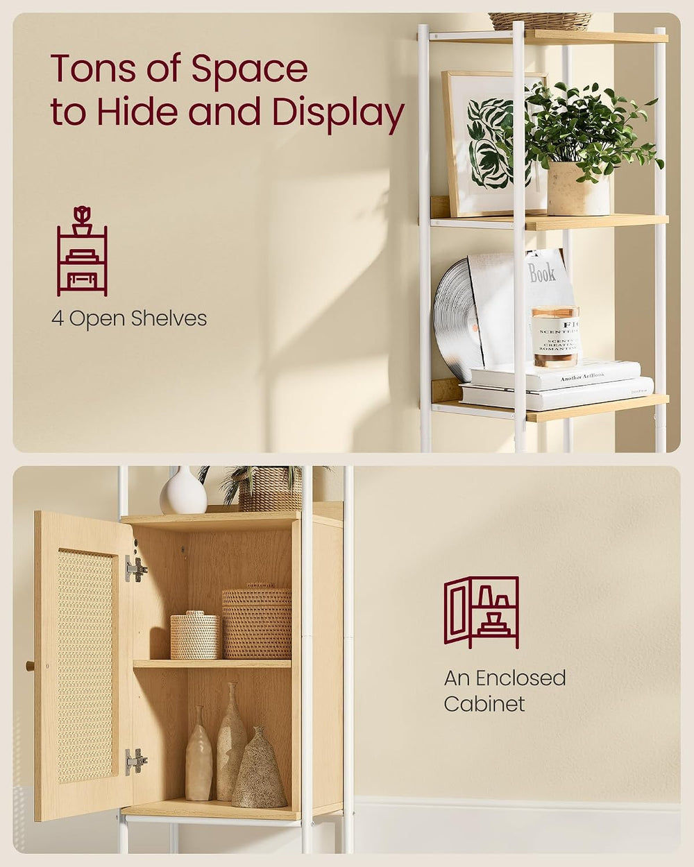 VASAGLE 6-Tier Bookcase with Rattan-Like Door, 15.8-Inch Wide, Metal Frame