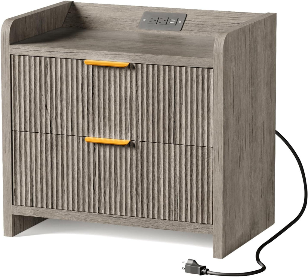 Fluted Nightstand with Charging Station, 23.6" Modern Night Stand with 2 Drawers, Side Table with Storage, Bedside Table for Bedroom, Living Room, Grey