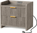 Fluted Nightstand with Charging Station, 23.6" Modern Night Stand with 2 Drawers, Side Table with Storage, Bedside Table for Bedroom, Living Room, Grey