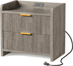 Fluted Nightstand with Charging Station, 23.6" Modern Night Stand with 2 Drawers, Side Table with Storage, Bedside Table for Bedroom, Living Room, Grey