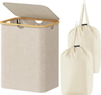 Lifewit 120L Large Laundry Hamper with Lid, Foldable 2 Section Laundry Basket with Bamboo Handles and Removable Bags for Laundry Room, Bathroom, Bedroom, Beige