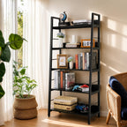 BATHWA 5 Tier Book Shelf, Rustic Industrial Ladder Bookshelf Wood Metal, Dark Brown Farmhouse 28'' Wide 59''Tall Ladder Shelf Living Room, Bedroom, Home Office