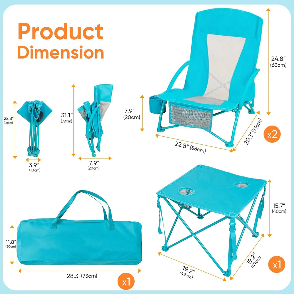 Folding Beach Chair Set of 3, Portable Camping Chairs with Table, Carrying Ba...