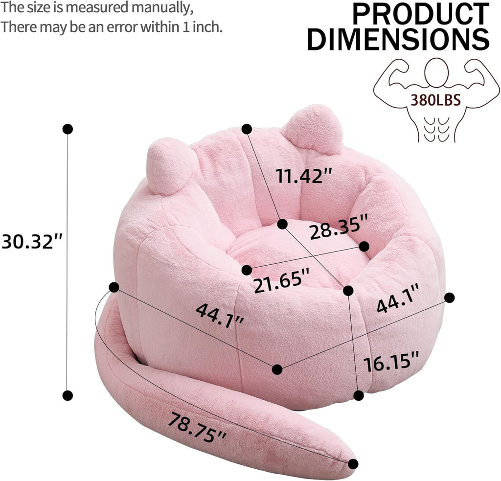 YISHENG Faux Fur Bean Bag Chairs, Cat Design，Large Bean Bag Couch for Adults,Stuffed Single Sofa Chair Comfy Giant Bean Bag Chair with Spacious Design for Playing or Bedroom,Reading Pink
