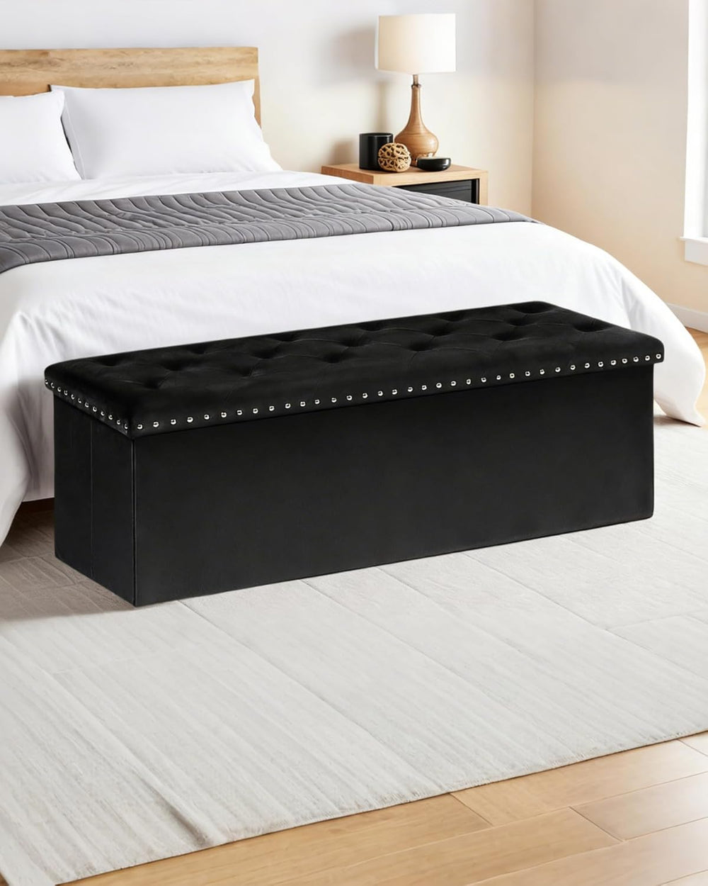 Velvet Storage Ottoman Bench, 43.3" Upholstered Tufted Ottoman with Stor...