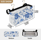 Flowers Blue and White Pattern Bedside Caddy for Dorm Bed Bedside Hanging Caddy Bag Iron Frame Storage Organizer Pocket for Bunk Home College Hospital Beds 2 Hooks