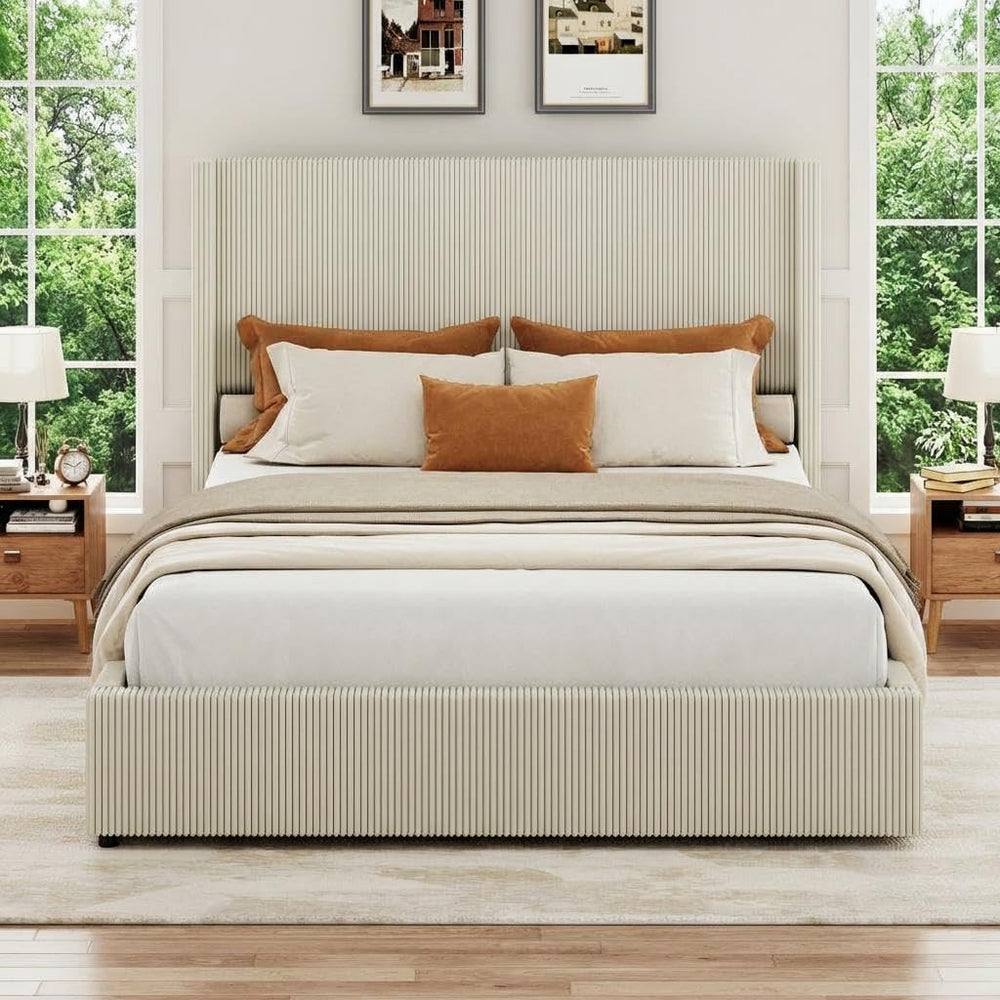 King Bed Frame with 4 Storage Drawers, Corduroy Upholstered Platform Bed