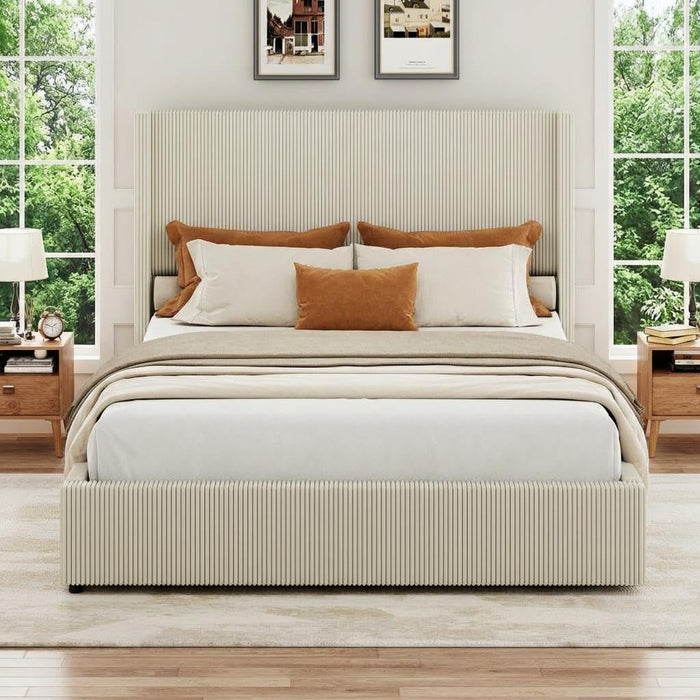 King Bed Frame with 4 Storage Drawers, Corduroy Upholstered Platform Bed