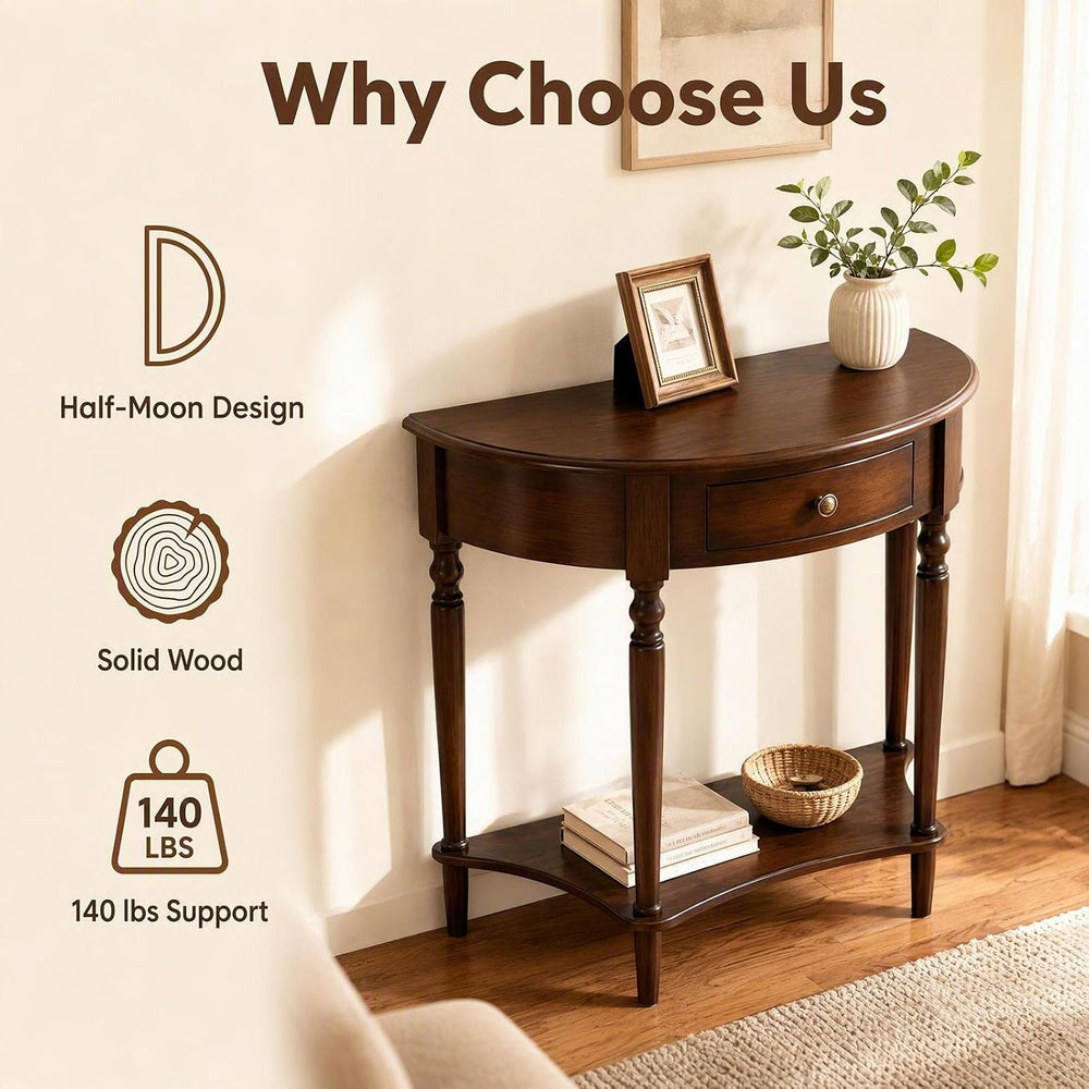 Half Moon Table, Table Solid Wood with Drawer Half-Moon Porch Side Elegant Vi...
