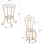 JOIN IRON 2-Piece Bistro Dining Set for Indoor Use, Marble-Look Tabletop with Gold Metal Frame, Vintage French Café Style Round Table and Chairs for Kitchen, Breakfast Nook, Small Apartment (Gold)