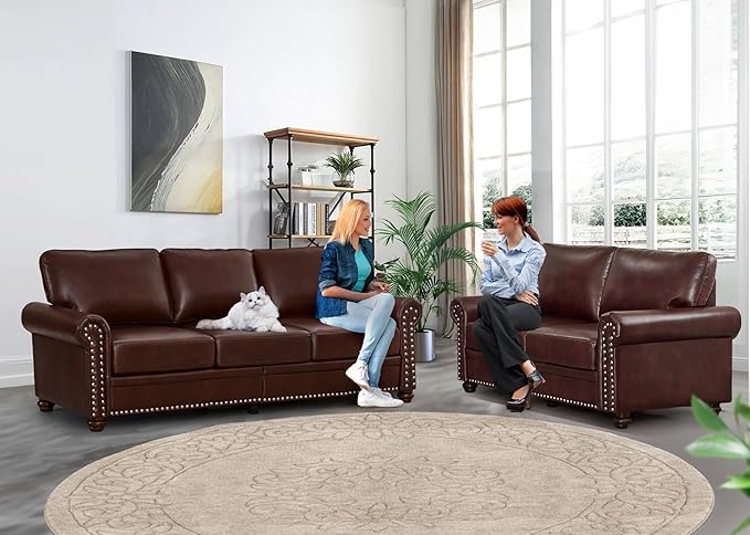2 Piece Faux Leather Sofa Set,Modern Couch and Loveseat Sets with Storage,Mid Century Couch with Rivet Rolled Arm,Comfy Deep Seat Sofa,Furniture for Living Room,Office(Loveseat+3 Seater,Burgundy)