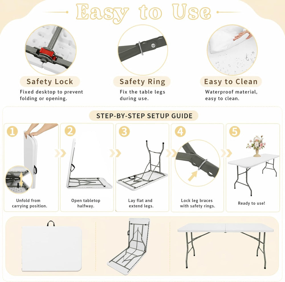 HAISIWLKJ Folding Table 6 FT Lightweight Camping Table White Portable Plastic...