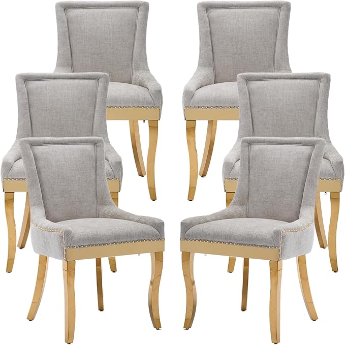 Dining Chairs Set of 6, Kitchen & Dining Room Chairs, Chenille Fabric Upholstered Dinning Chairs, Sillas De Comedor, Nailhead Trim, Metal Legs (Beige, 6 Pcs)