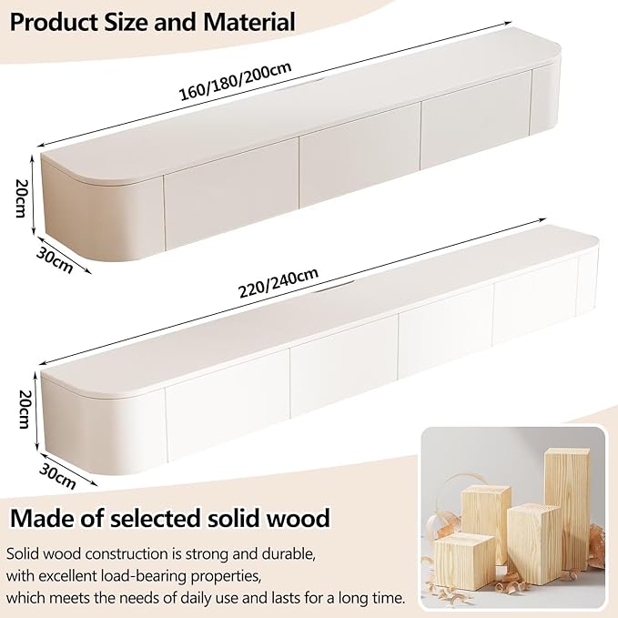 Pre-Assembled Floating TV Stand with Drawers, Rubberwood Wall Mounted TV Console, Modern Media Console for Living Room, Space-Saving Floating TV Cabinet (White, 63in/160cm)