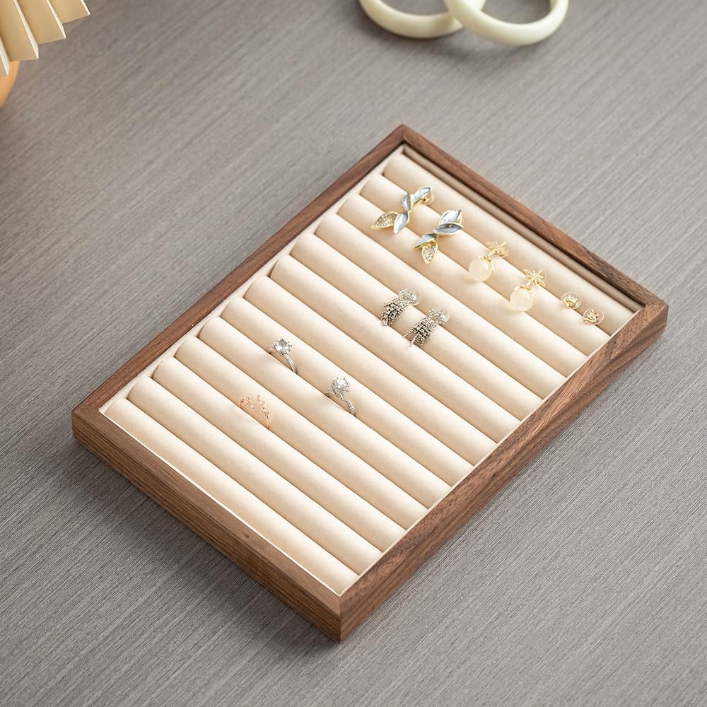 12-Line Black Walnut Wooden Jewelry Tray with Velvet Lining - Premium Ring & Earrings Storage Organizer for Drawers, Luxury Jewelry Display Tray, Elegant Jewelry Organizer for Women