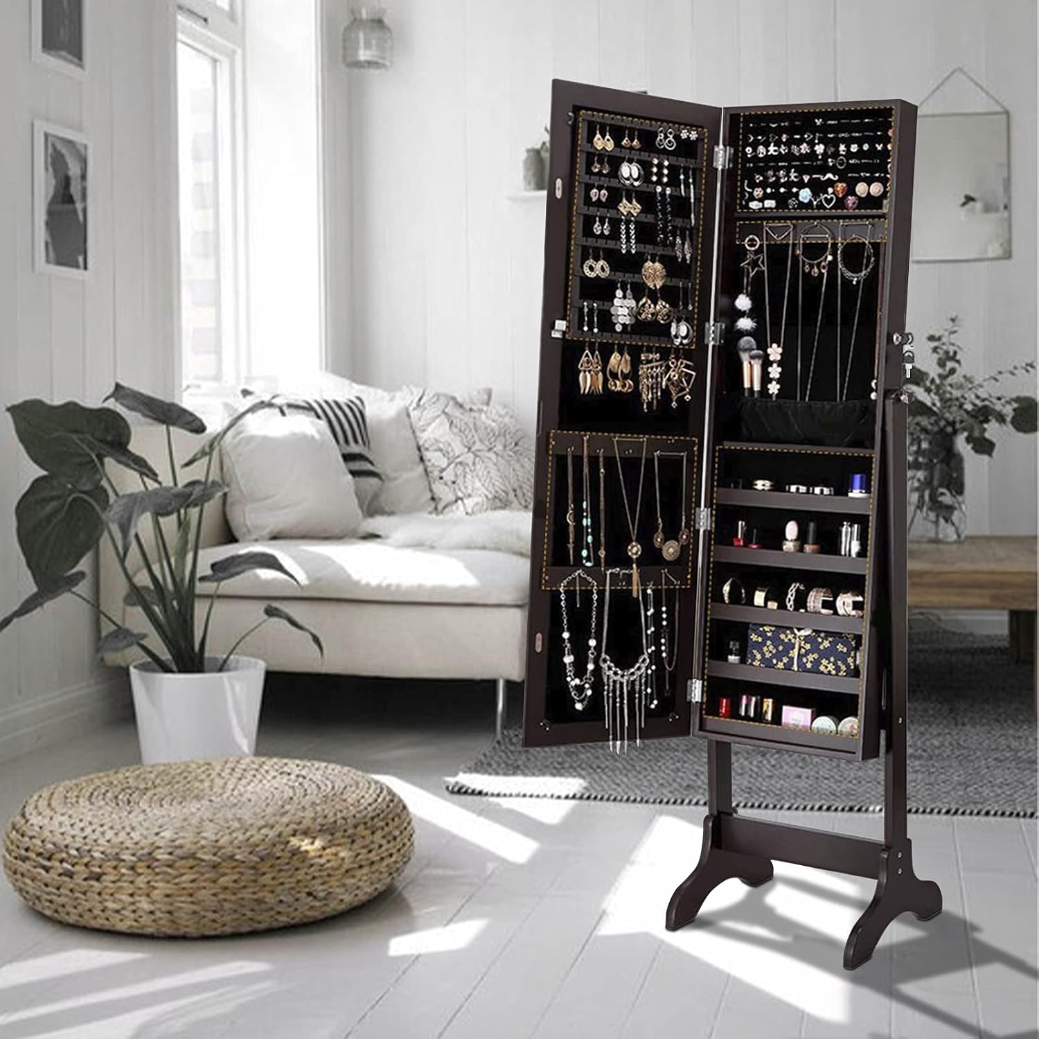 Uten Jewelry Armoire with Mirror, Lockable Large Jewelry Cabinet with Standing Mirror Jewelry Holder Organizer Storage, 4 Angle Adjustable, Perfect Christmas Gift (Brown)