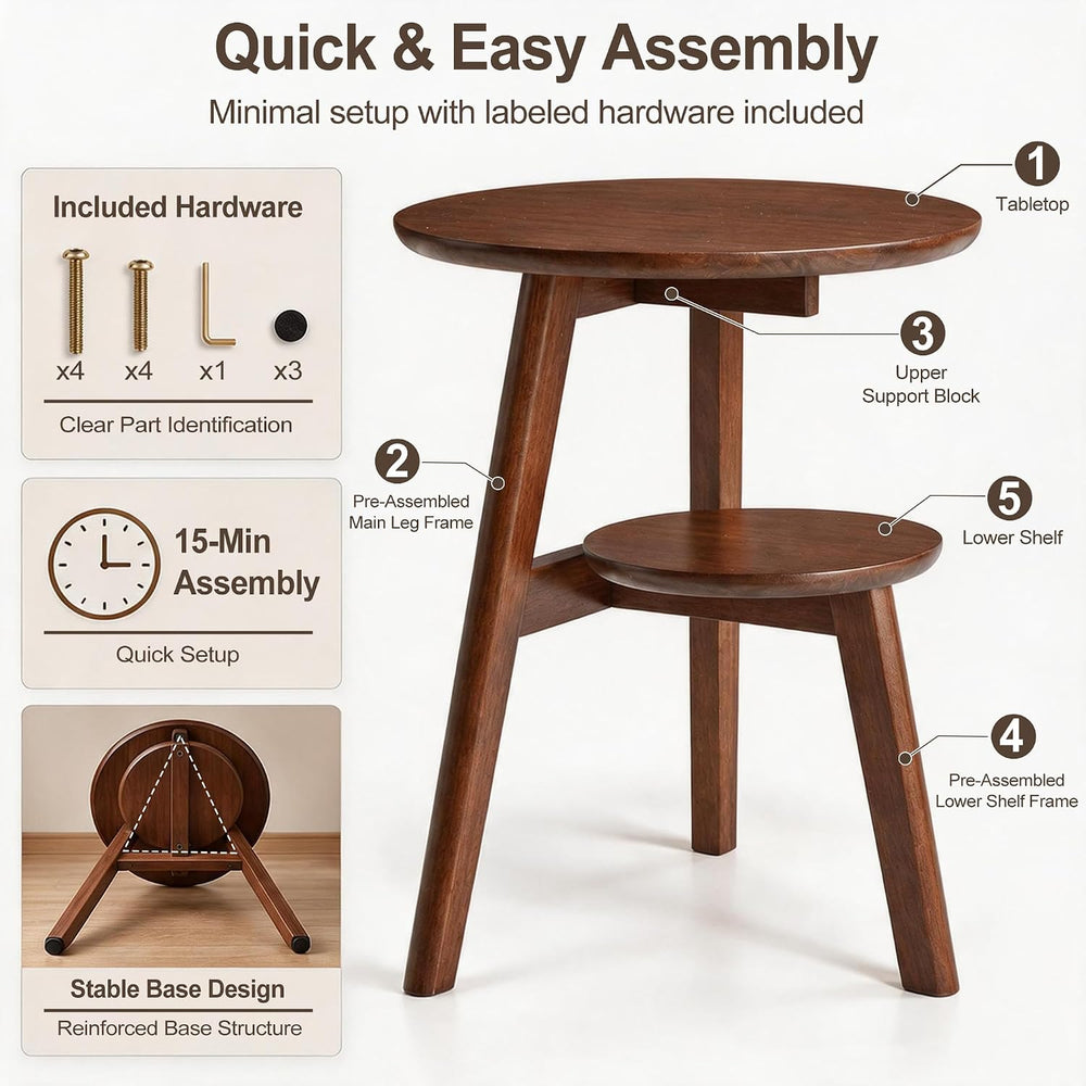 Small Round Side Table, 16.5" 2-Tier Solid Wood End Table, Walnut