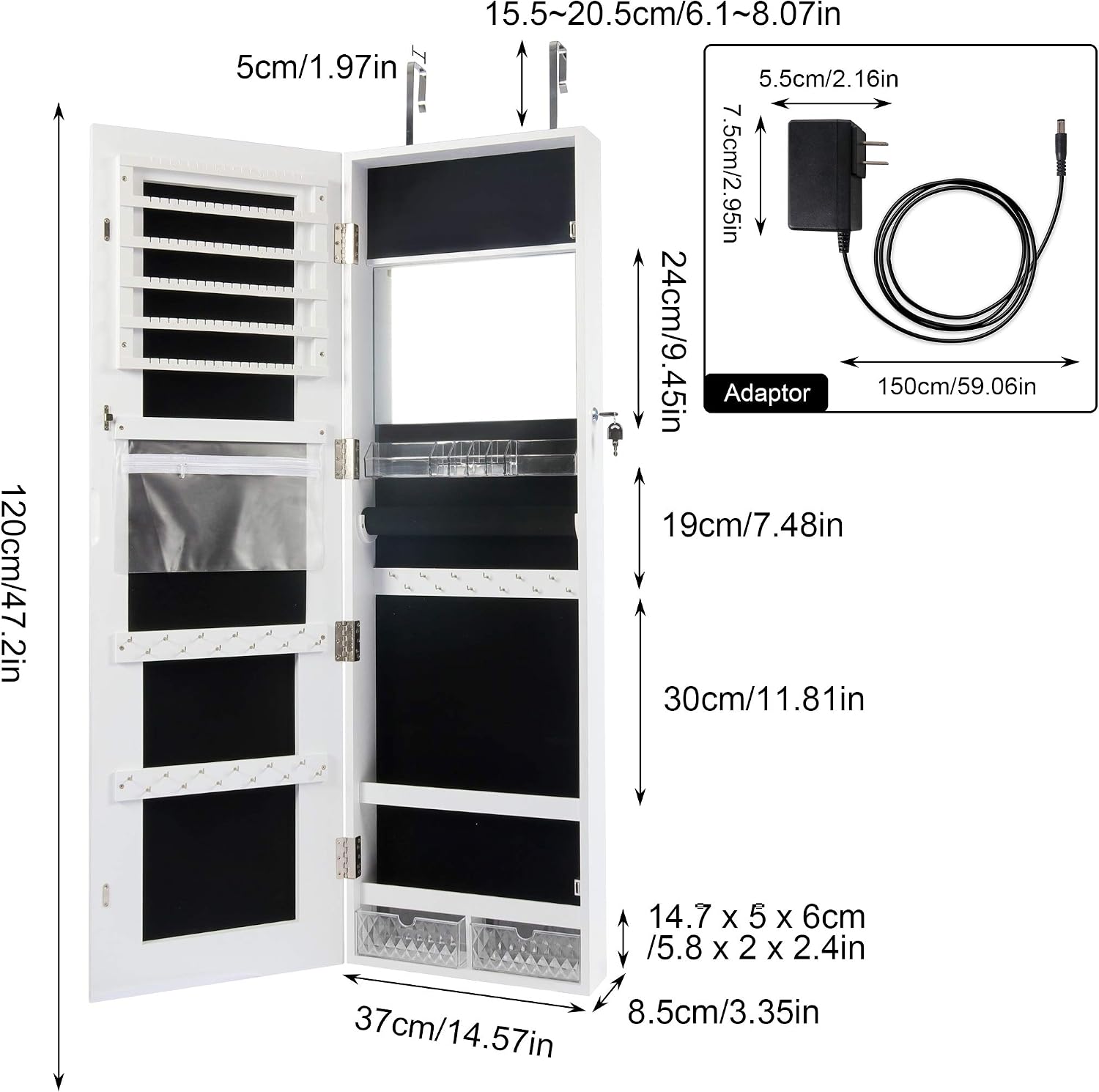 Becko US LED Mirror Jewelry Cabinet with 3 Colored Light, Wall/Door Mounted Wooden Jewelry Armoire, 47-Inch Full Length Lighted Mirror with Storage, Lockable Jewelry Organizer for Bedroom (White)