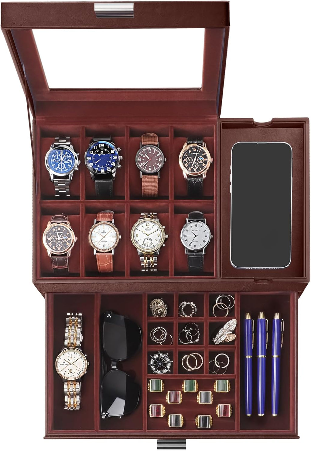 Dajasan Watch Box, Watch Case with Glass Lid, 8 Slot Watch Display Case, Large Watch Holder Organizer, Watch Storage Case for Men Women Boys Husband Dad, Gift Idea, PU Leather (Brown)