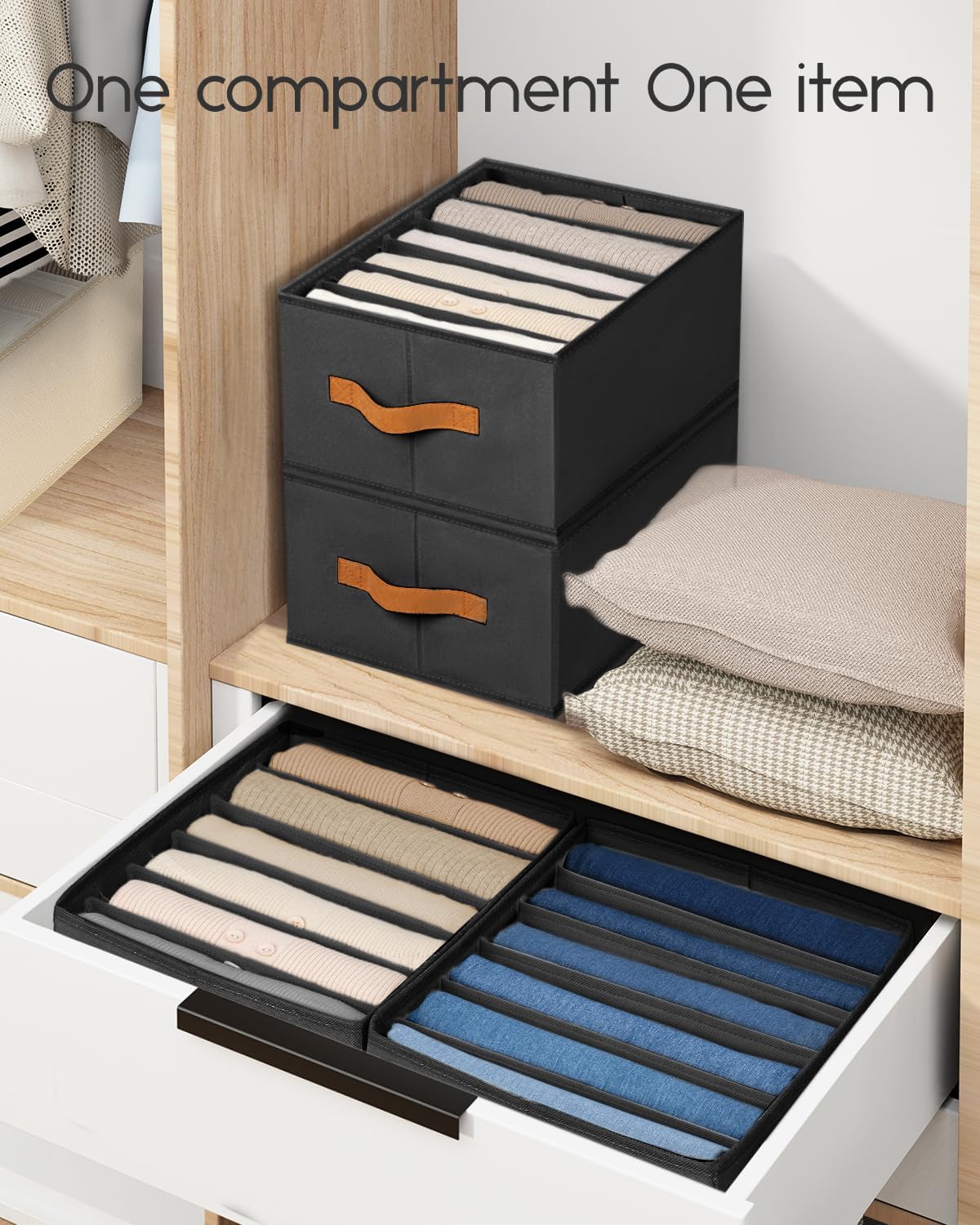 Closet Organizers and Storage - Fabric Clothes Organizer with Handles, Foldable Jeans Organizer for Clothes, Drawer Organizer for Shirts, Bra, Sweater, Scarf, 6 Pack, Black