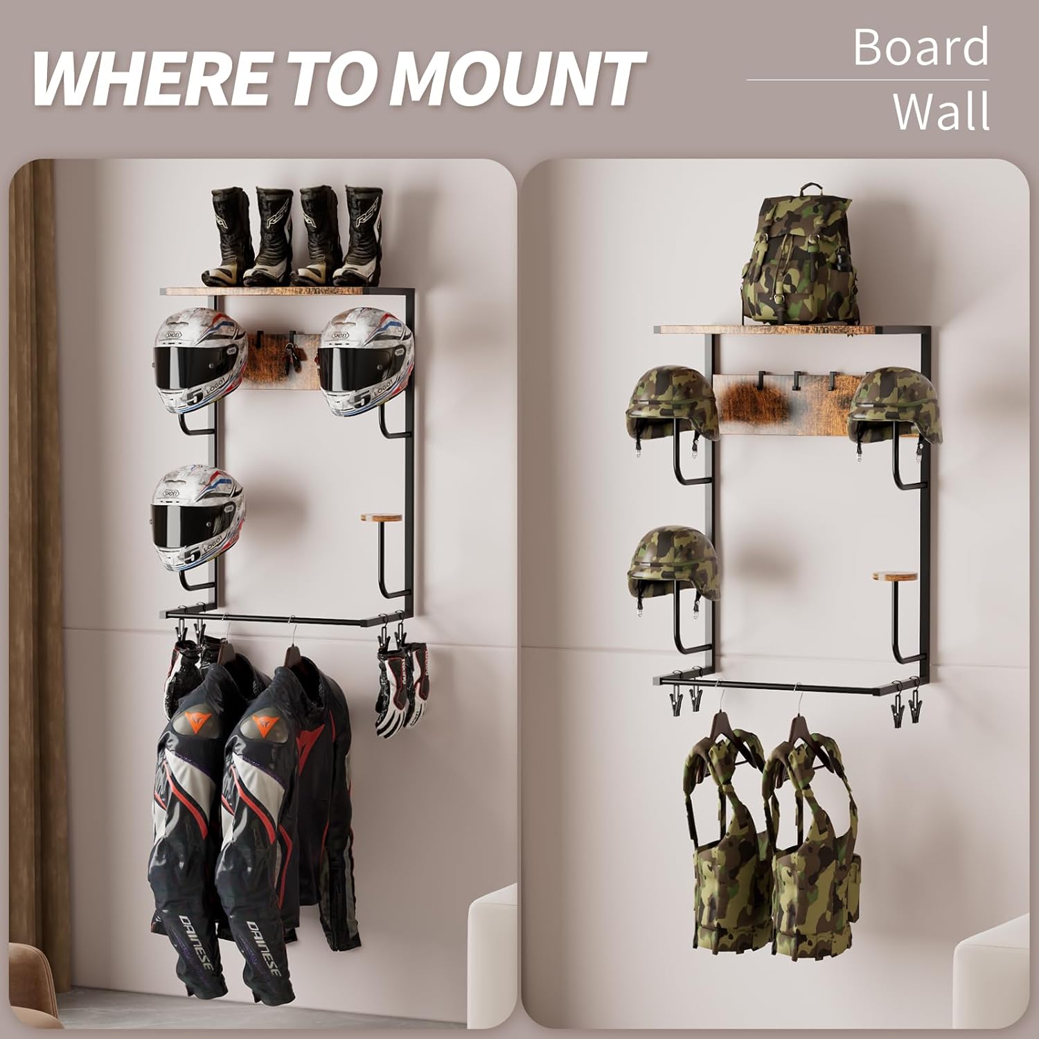 Motorcycle Helmet Holder Wall-Mounted Helmet Rack with 4 Glove Chips& Hooks - Rustic Bike Helmets Storage Organizer, Universal Wall Mount for Helmets, Gear, Clothes, Accessories，Retro