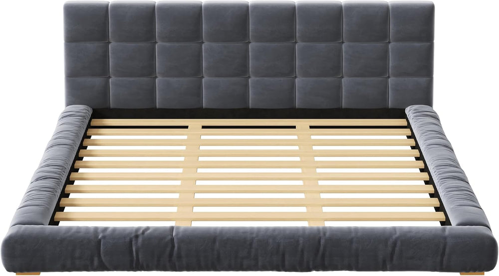 King Size Velvet Upholstered Low Profile Platform Bed with Channel Tufted Hea...