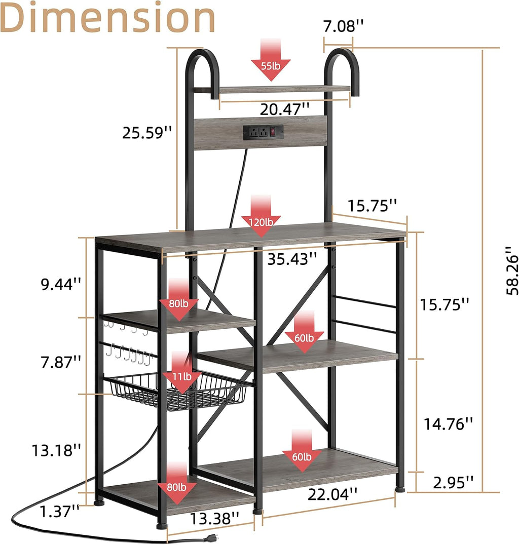 35.4 inch Kitchen Bakers Rack with Power Outlet, Coffee Bar Table & Microwave Oven Stand, Storage Shelf Rack with Wire Basket & 6 S-shaped Hooks for Spices, Pots and Pans - Grey