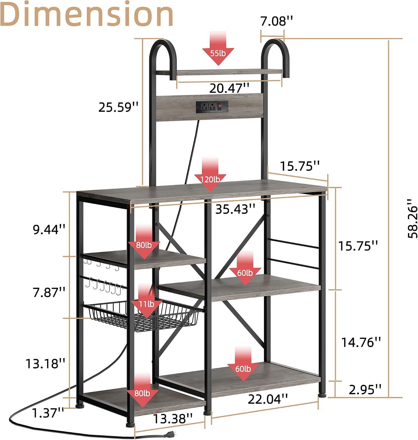 35.4 inch Kitchen Bakers Rack with Power Outlet, Coffee Bar Table & Microwave Oven Stand, Storage Shelf Rack with Wire Basket & 6 S-shaped Hooks for Spices, Pots and Pans - Grey
