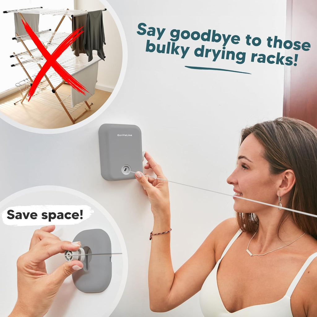 GorillaLine - Retractable Clothesline Indoor Outdoor Clothes Line - Heavy Duty Clothes Drying Laundry Line - Wall Mounted Drying Rack - Air Dry Clothing