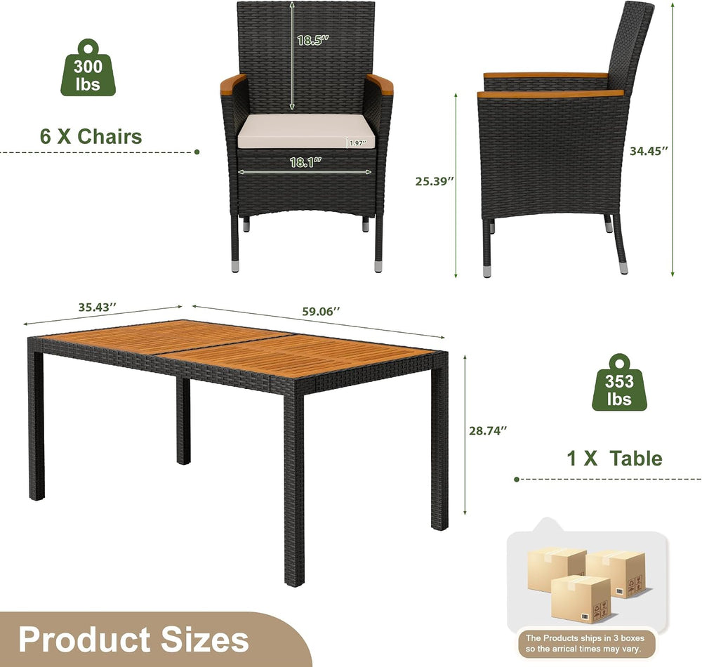 Devoko 7 PCS Acacia Wood Patio Dining Set, Black Rattan